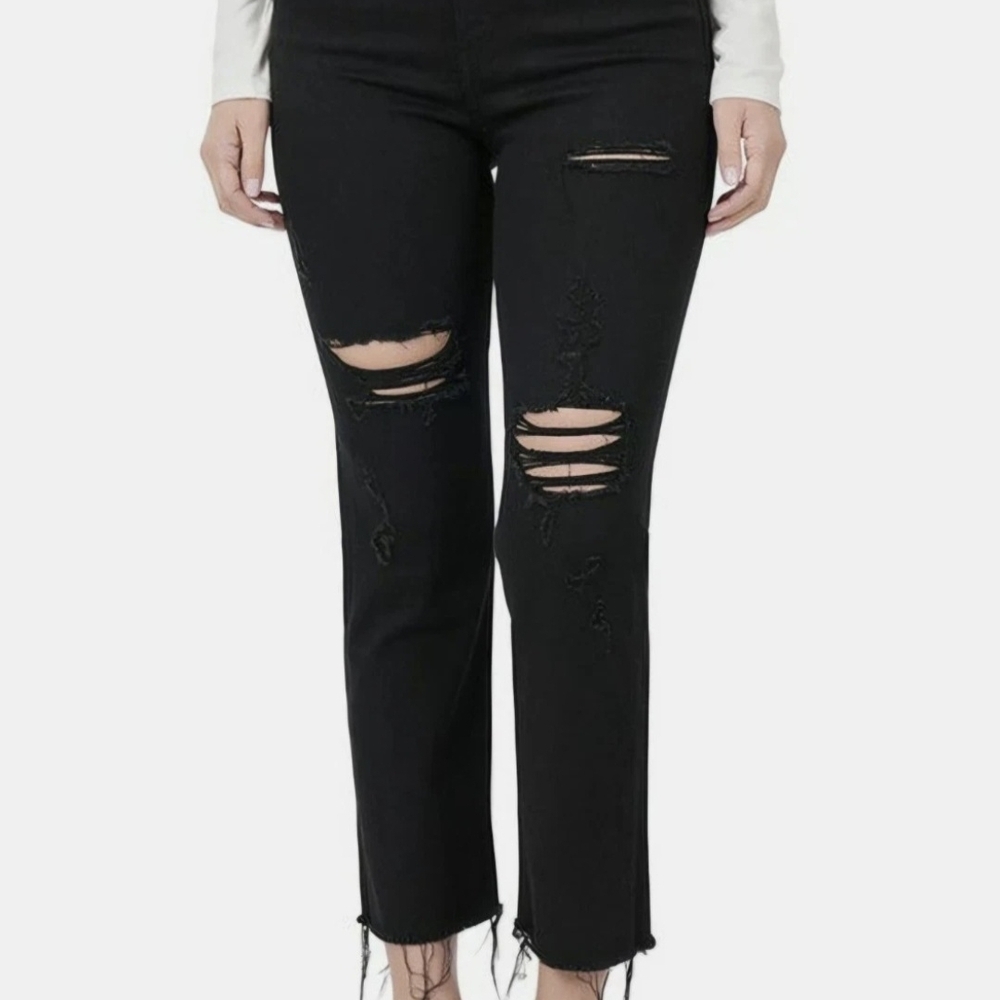 Zenana High Rise Cropped Flare Black Jeans With Distressing Size 34